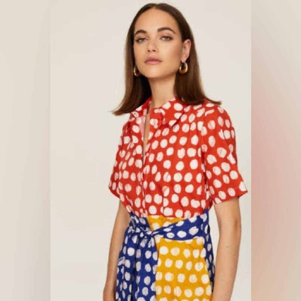 Busayo Collective Color-block Dot Shirt Maxi Dress Button Short Sleeve - Size 4 - Picture 6 of 14